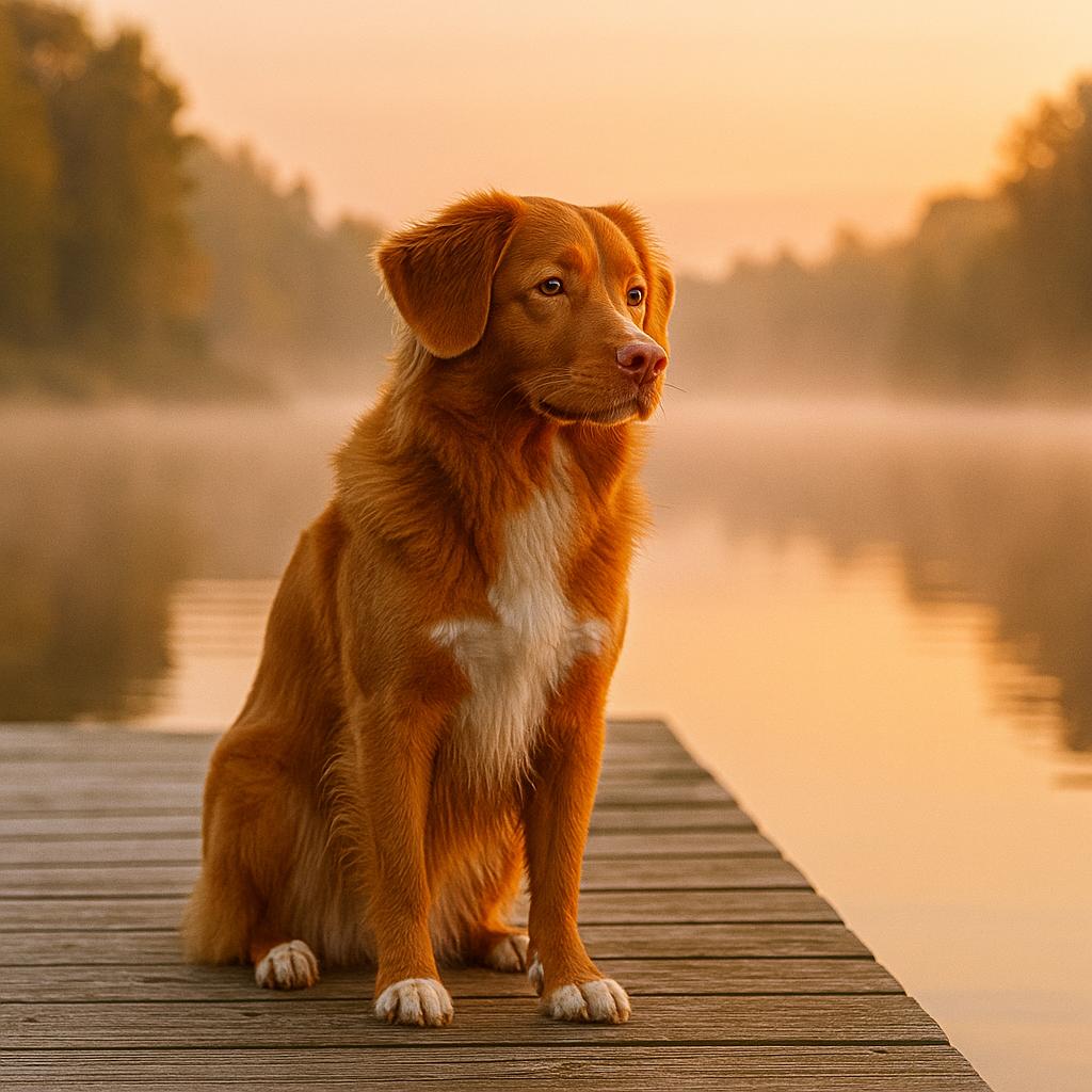 Toller perched on dock at sunrise
