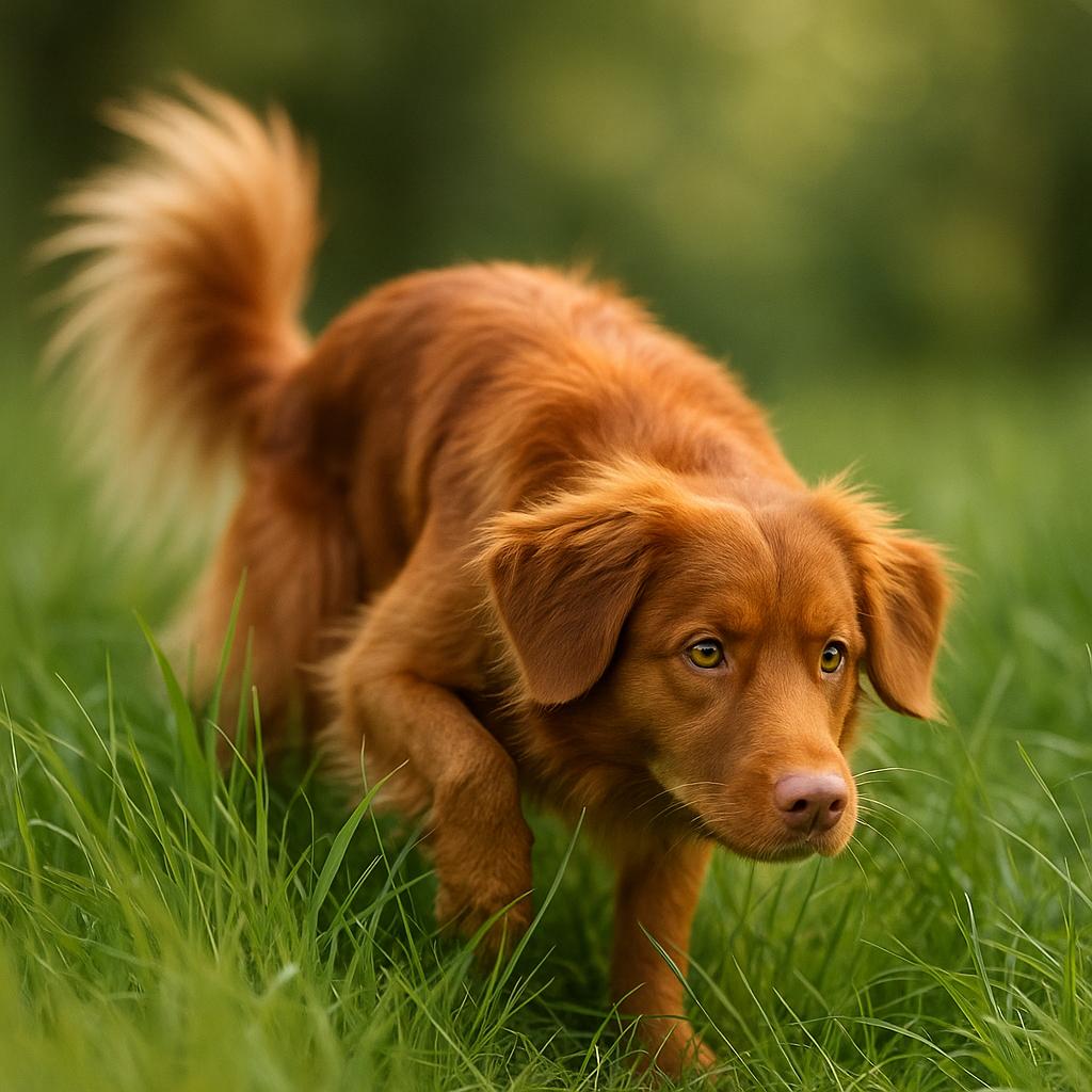 Toller crouching in tall grass