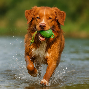 Toller retrieving ball from water