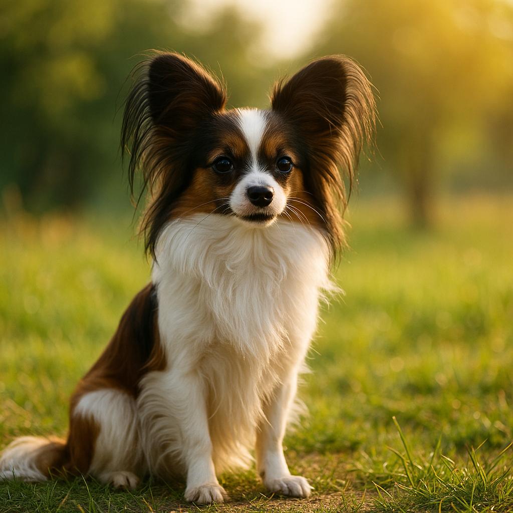 Papillon sitting in meadow