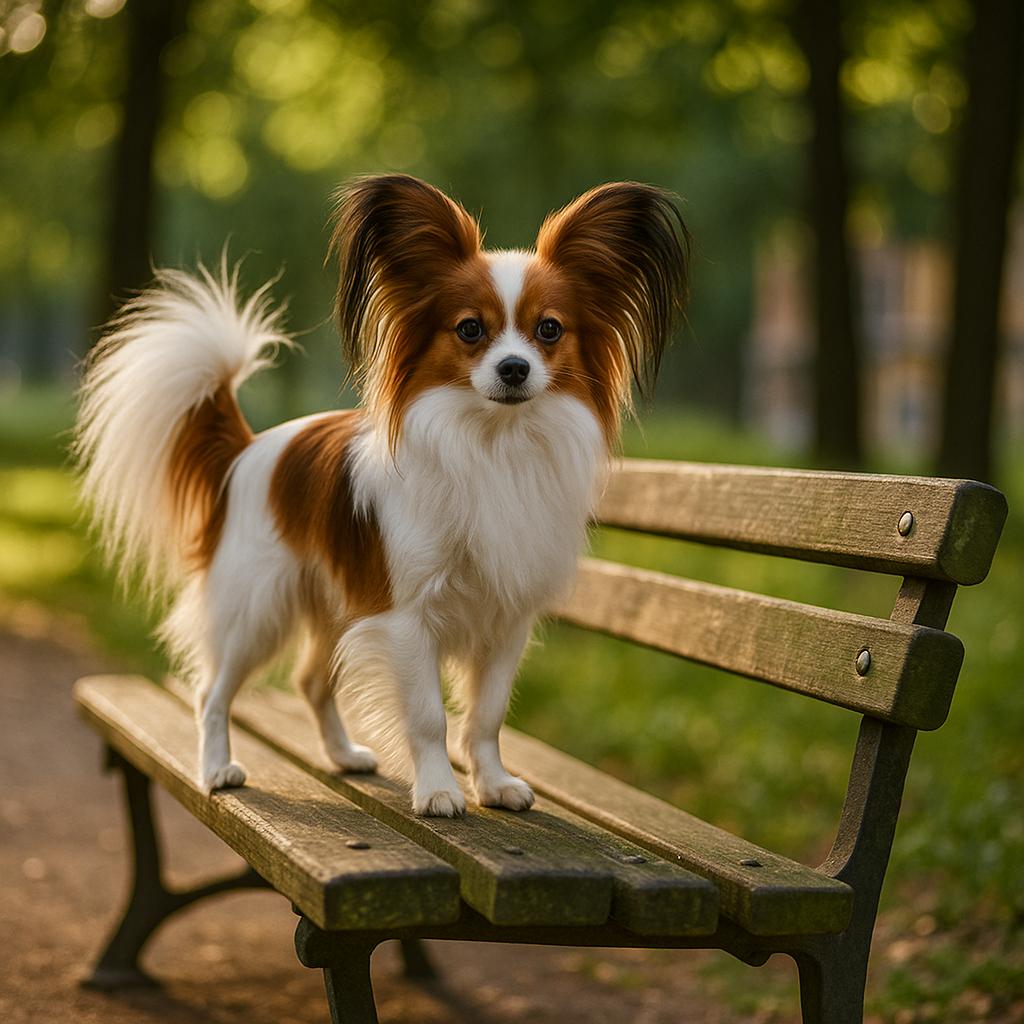 Papillon balancing on bench