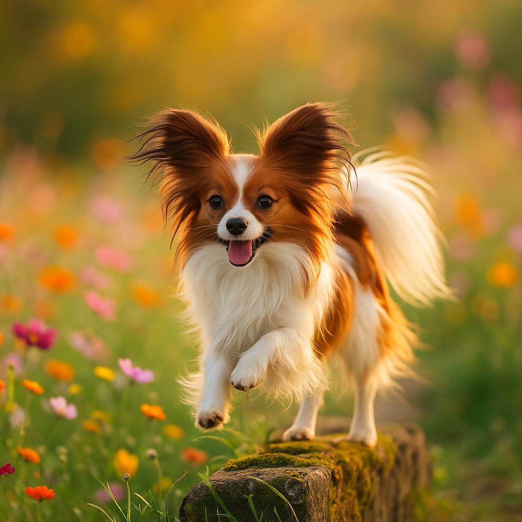 Papillon running through flowers