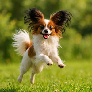 Papillon leaping in garden