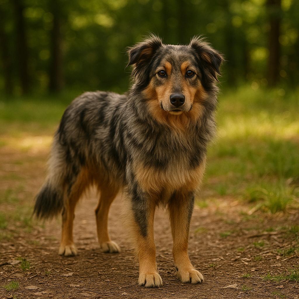 Standing merle shepherd, forest light