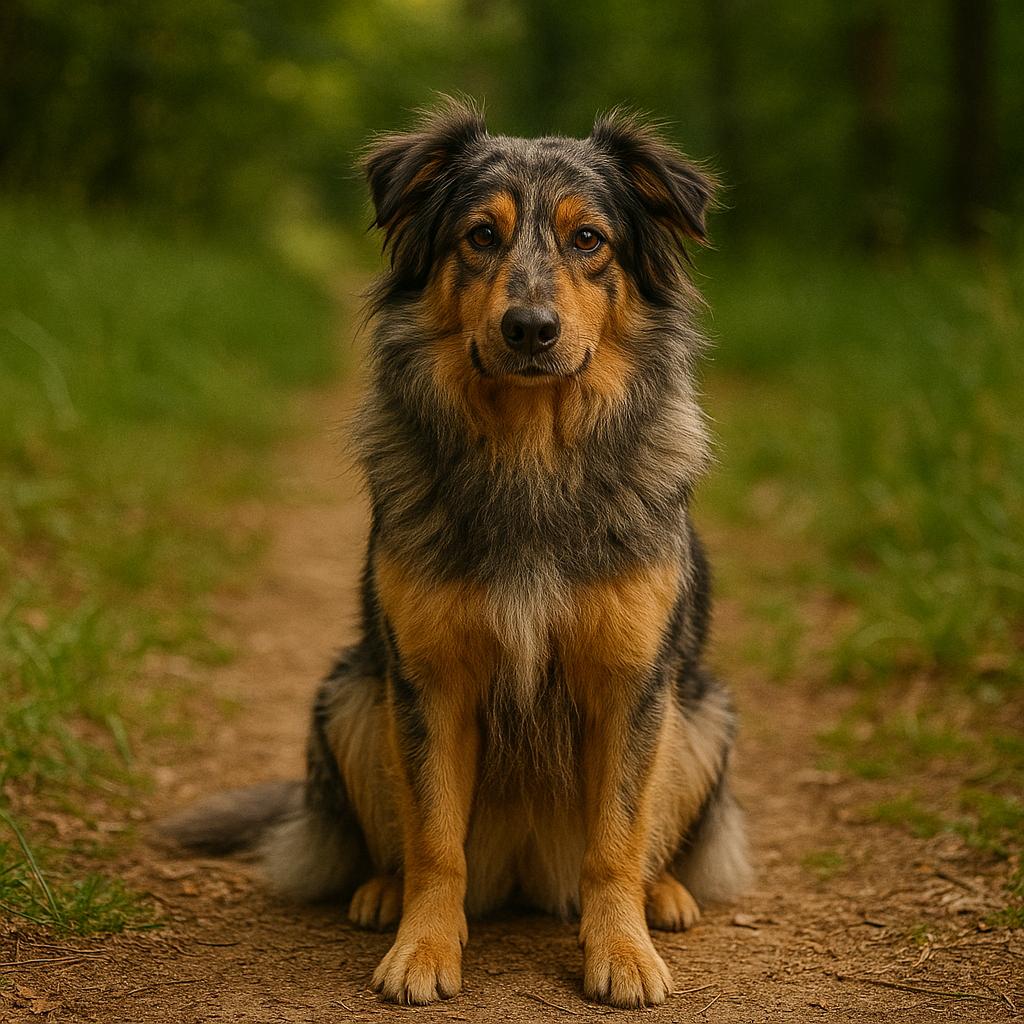 Sitting merle shepherd, direct gaze