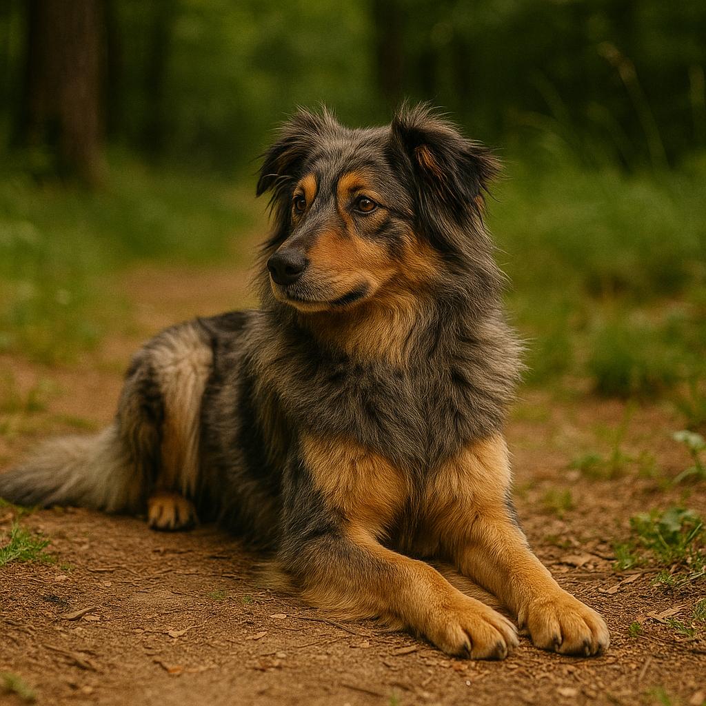 Resting merle shepherd, looking sideways