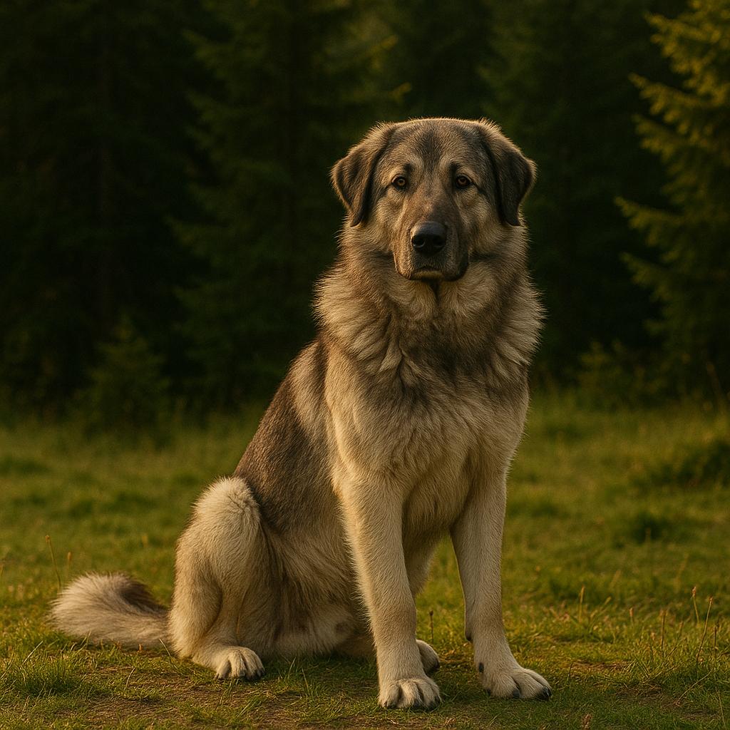 Seated Carpathian shepherd, golden light