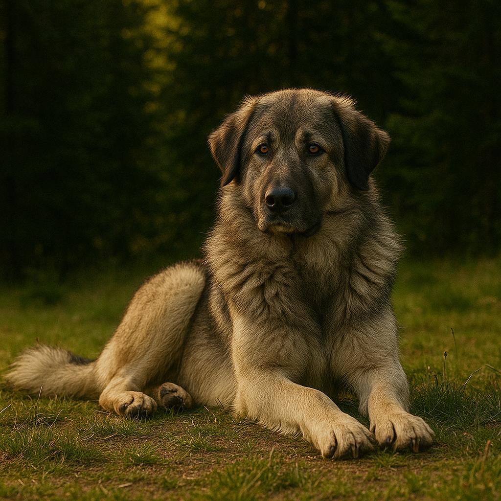 Lying Carpathian shepherd, watchful gaze