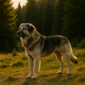 Stoic Carpathian shepherd, forest backdrop