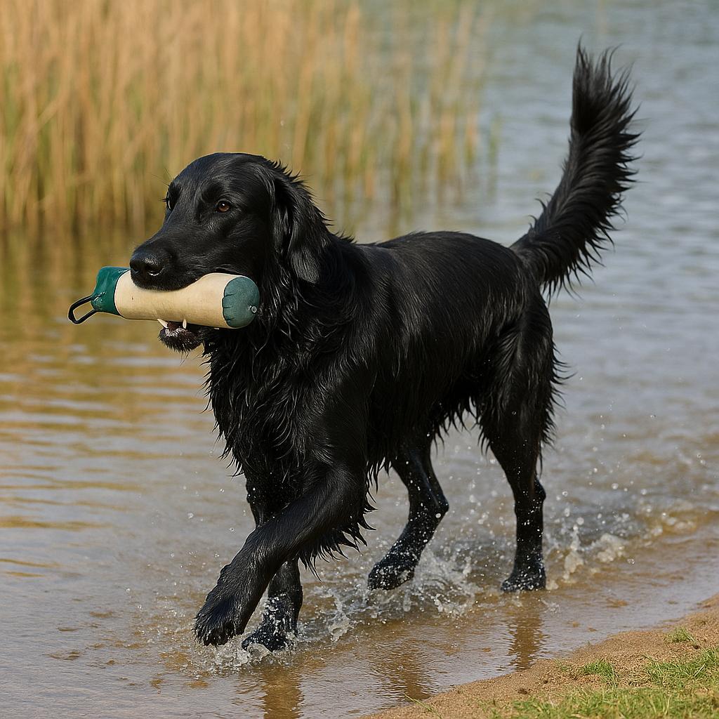 Sleek black retriever splashing by the lake, bumper in mouth.