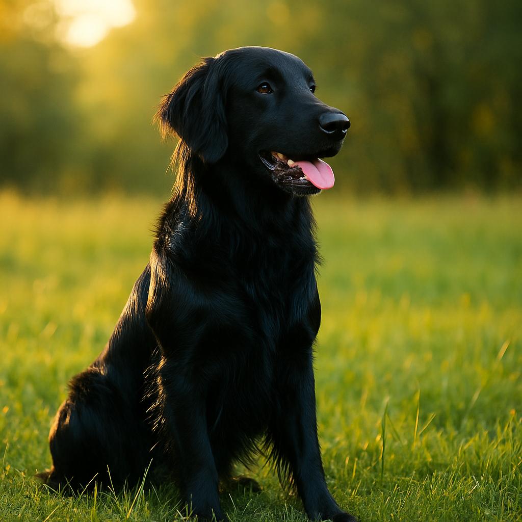 Black retriever sitting calmly in golden meadow light.