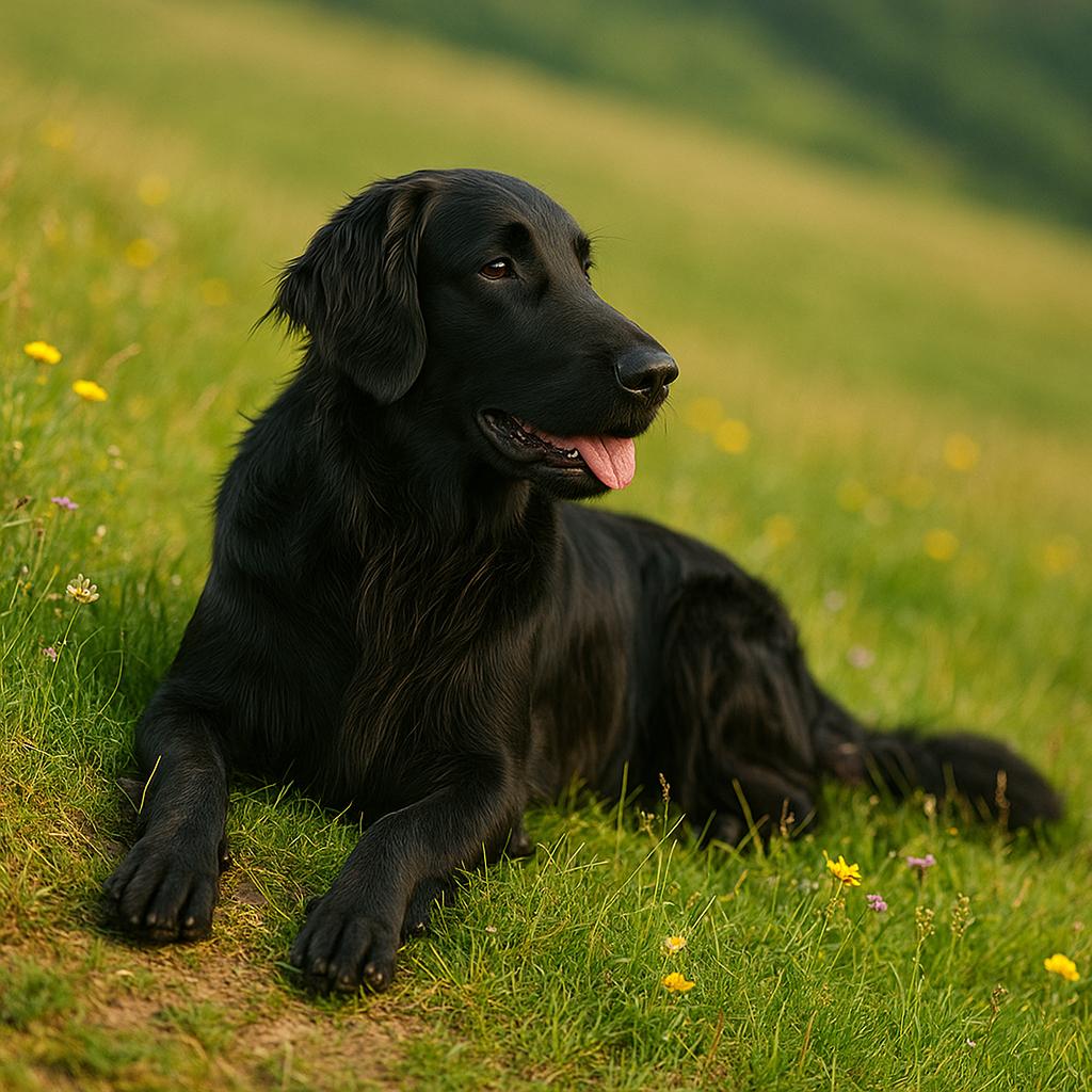 Black retriever relaxing on a wildflower hillside.