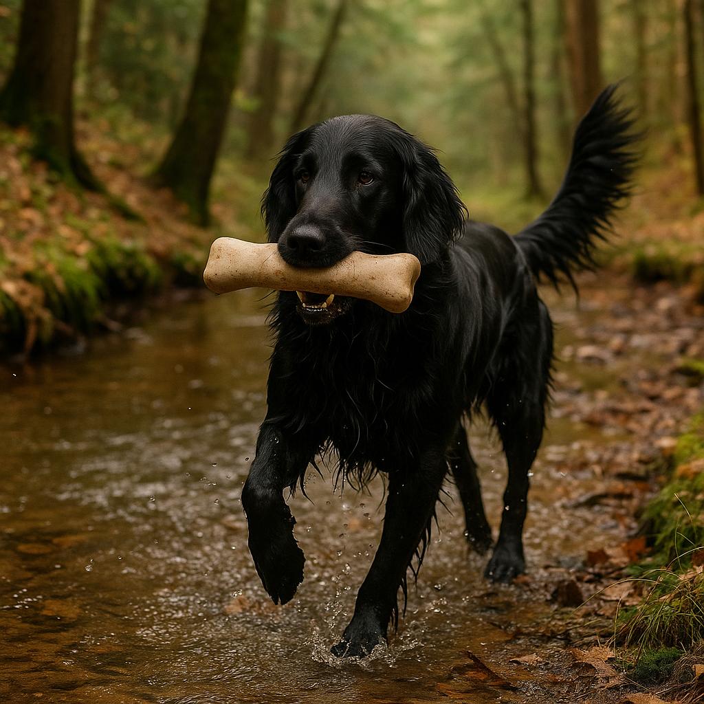 Wet black retriever splashing out of a forest creek, toy in mouth.