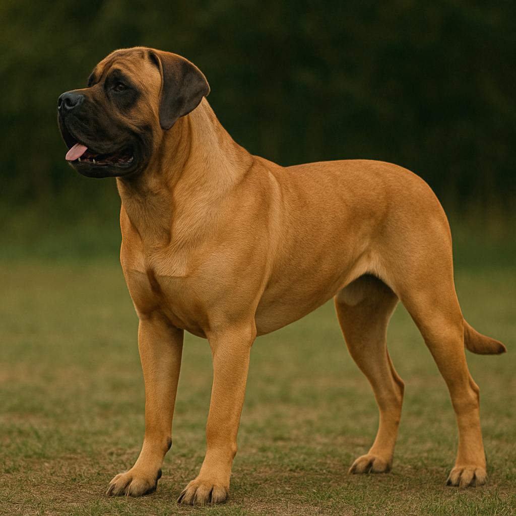 A fantastic portrait of a mastiff in a full-body pose from the side.