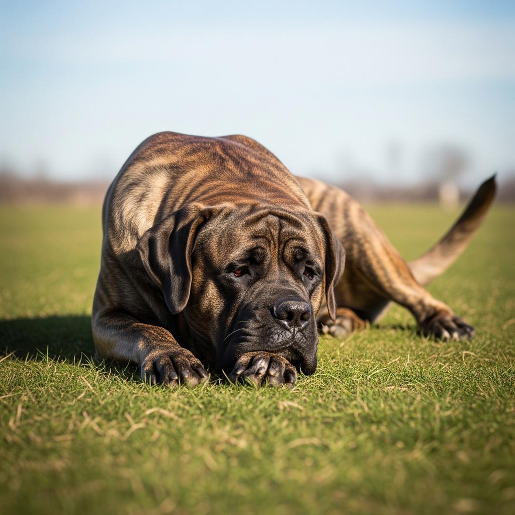 Mastiff lying on the lawn.