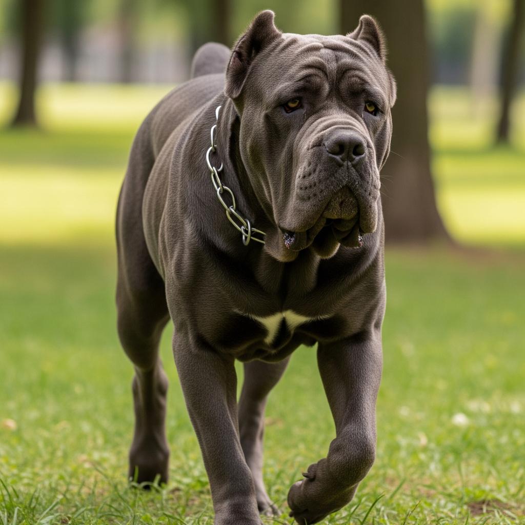 Neapolitan Mastiff trotting on the lawn