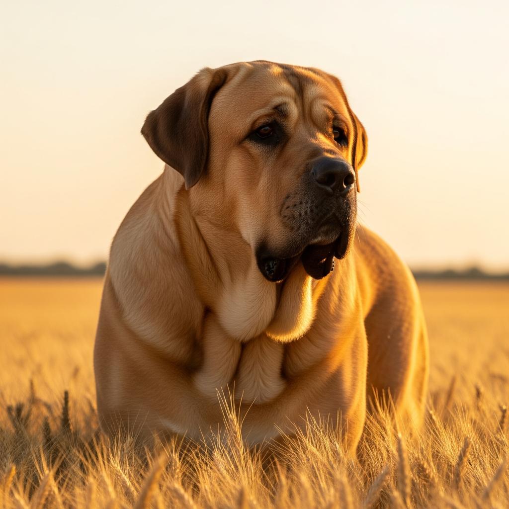 Spanish Mastiff emerges from a wheat field.