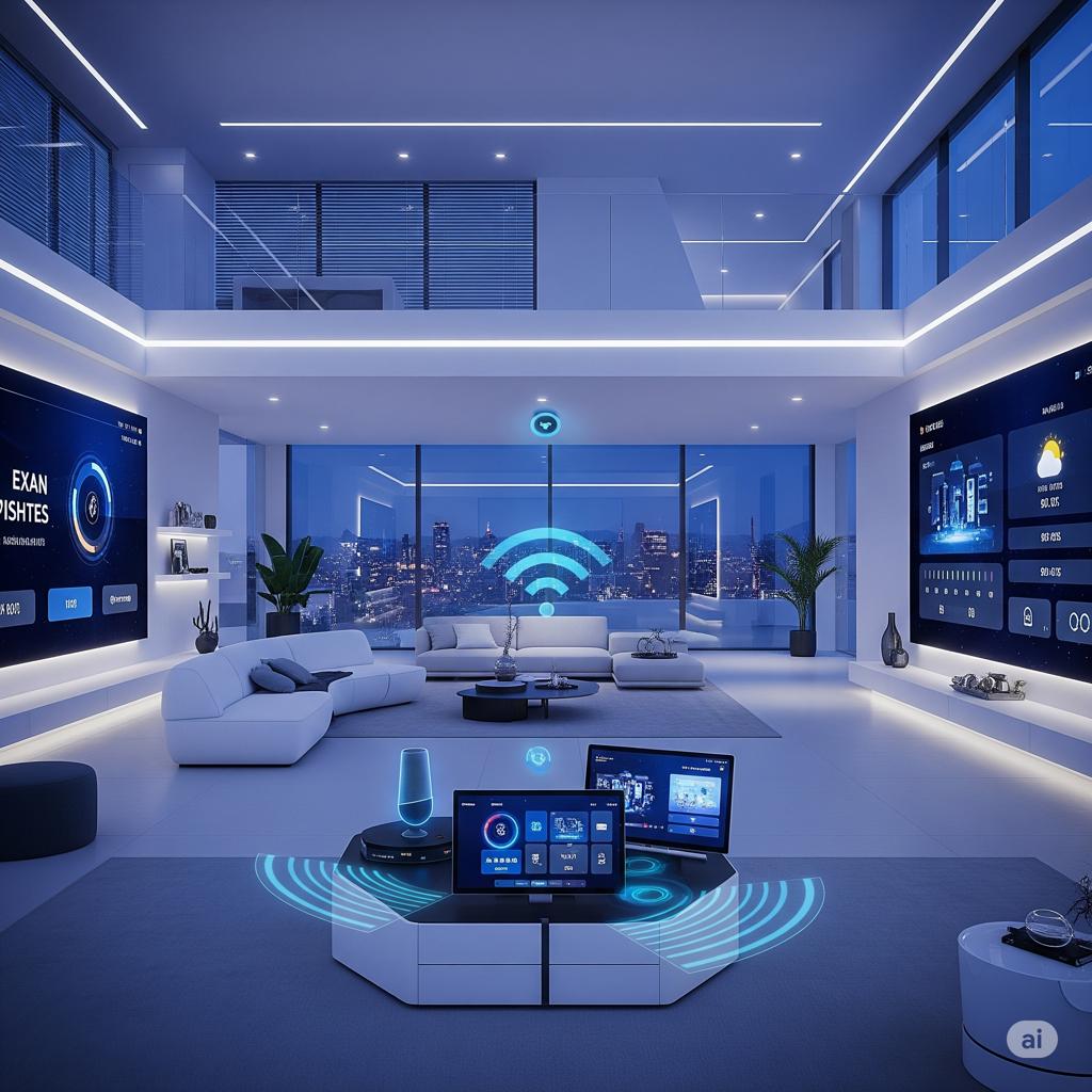Futuristic smart home glowing at night, integrated tech, city view.