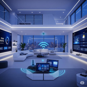 Futuristic smart home glowing at night, integrated tech, city view.