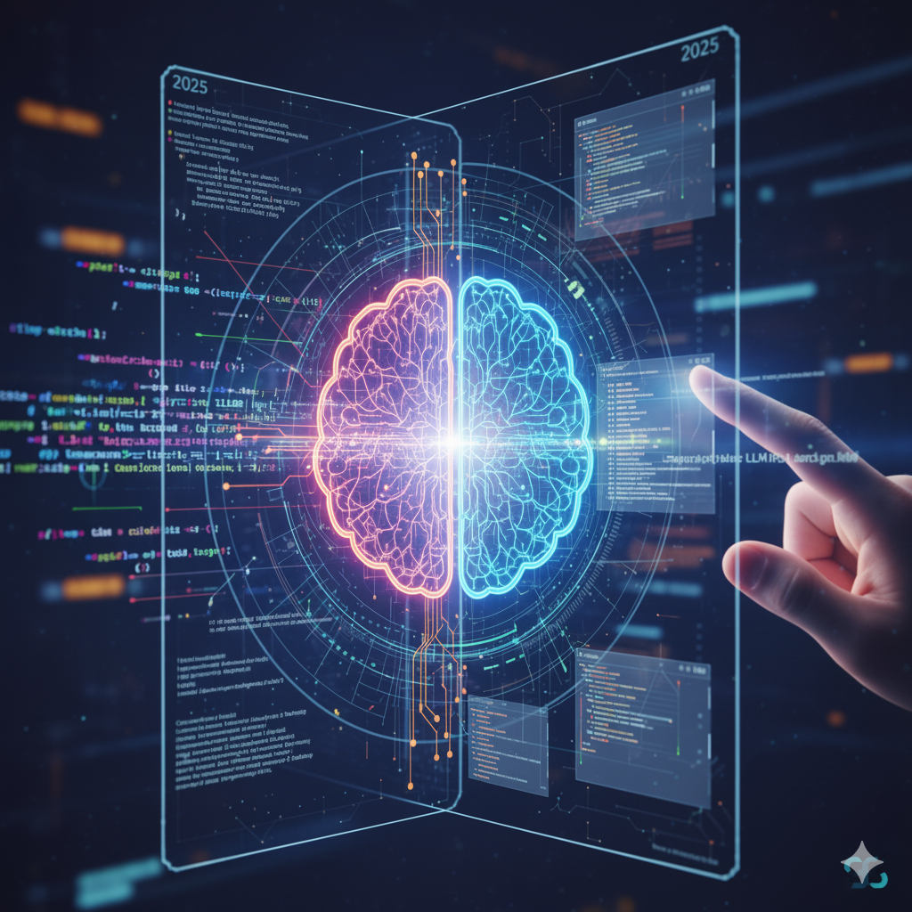 A futuristic digital interface showing a glowing, dual-colored brain icon (representing human and AI intelligence) at its center. The interface is surrounded by lines of code, data visualizations, and circuitry patterns. A human hand is interacting with a holographic screen on the right, displaying more code and data, with '2025' visible at the top.