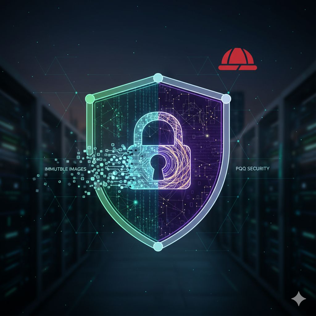 A security shield symbolizing RHEL Edge, labeled 'IMMUTABLE IMAGES' and 'PQC SECURITY', with a Red Hat logo over a server room background.