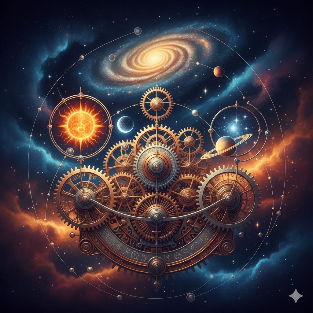 A steampunk-inspired cosmic scene featuring intricate golden gears at its center, with planets, moons, and a swirling galaxy integrated into the clockwork mechanism, all against a backdrop of starry space and colorful nebulae.