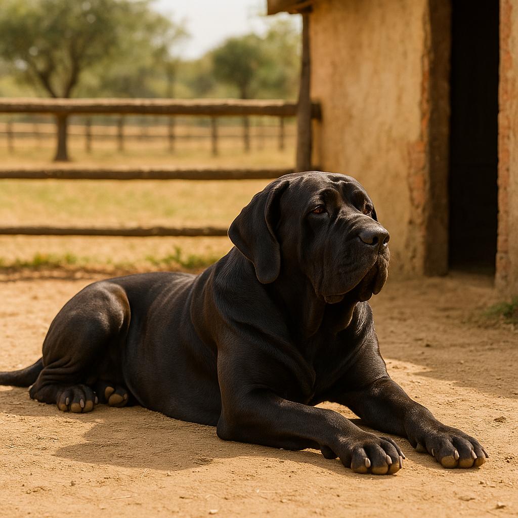 Solid black guardian resting in a dusty paddock.