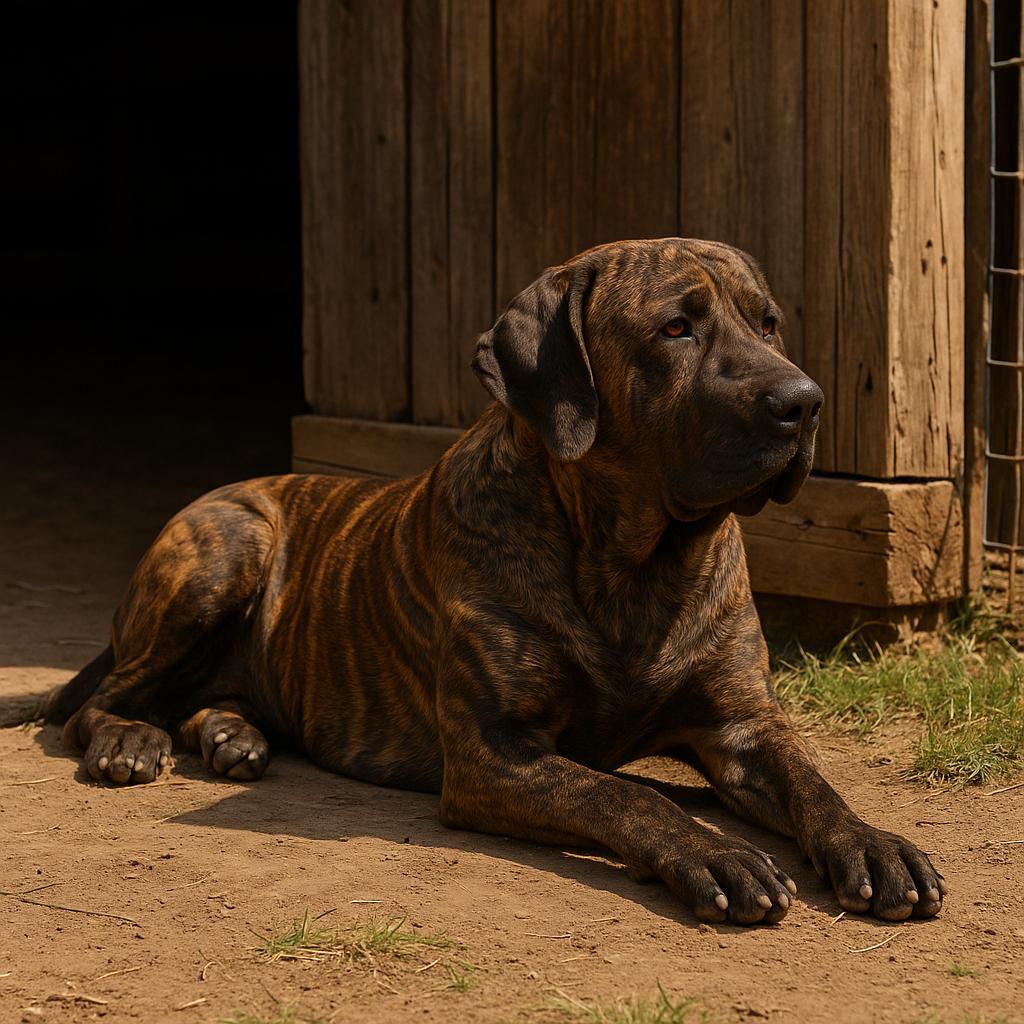 Brindle farm guardian resting in barn shade.