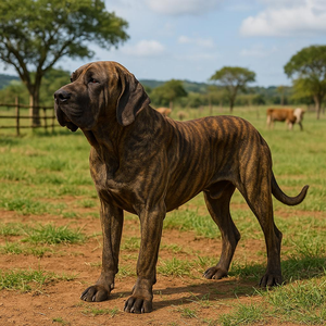 Powerful brindle mastiff standing in a rural pasture.