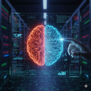 A split glowing brain, half red (human intelligence) and half blue (artificial intelligence), at the center of a futuristic holographic interface filled with data, code, and graphs. A human hand interacts with the interface, with a '2025' overlay, set against a blurred server room background.