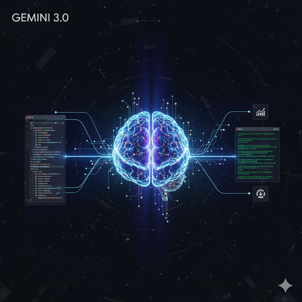 Google Gemini 3.0 concept art showing a neural network connecting to code editors, symbolizing Deep Think and Agentic AI.