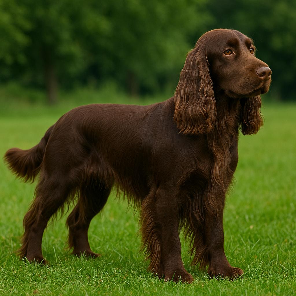 Dark-coated spaniel standing on grass, looking ahead calmly.
