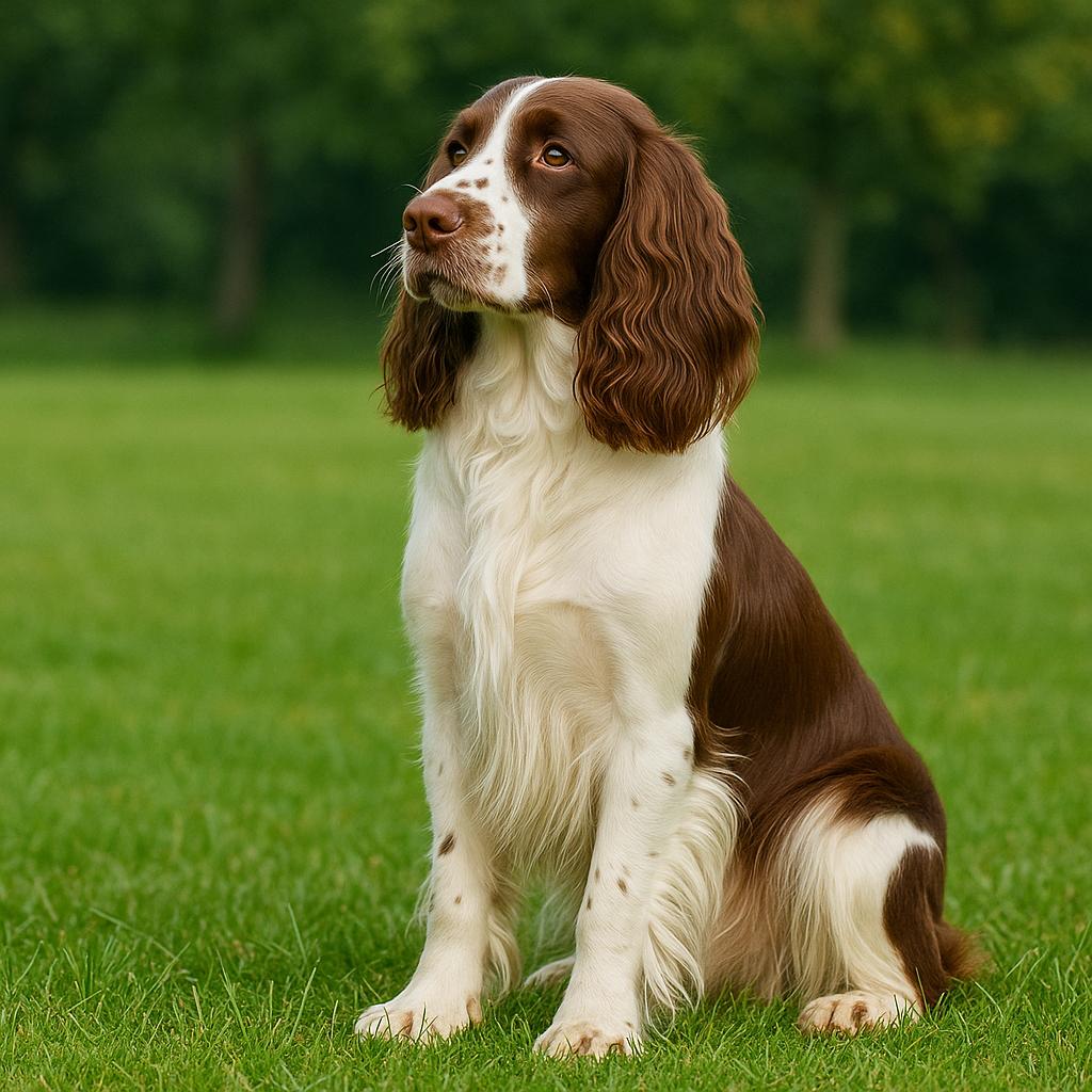 Spaniel with brown and white coat sitting on green grass, looking up.