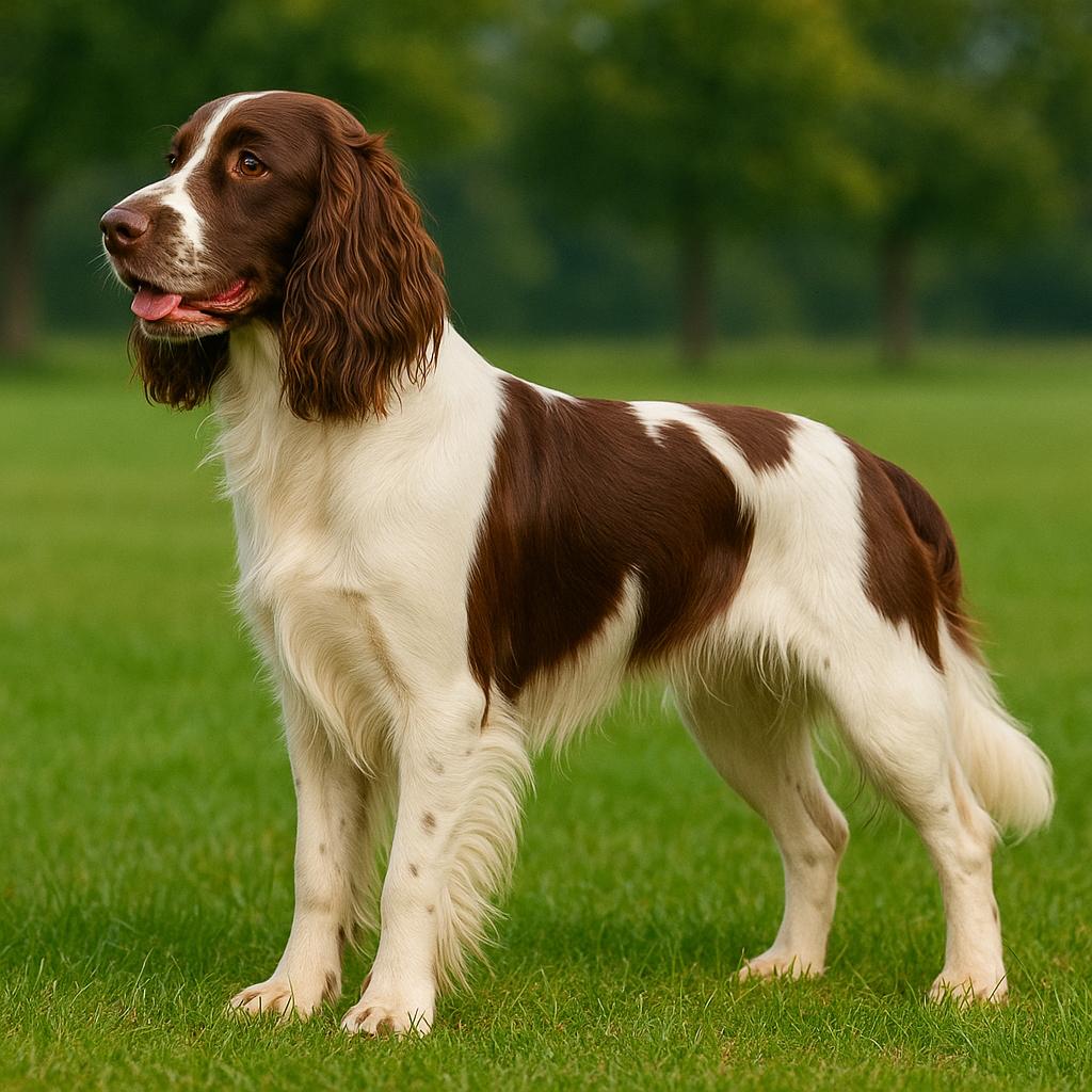 Brown and white spaniel standing alert in a grassy field.