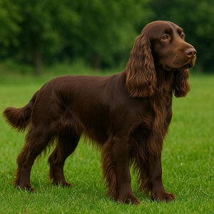 Dark-coated spaniel standing on grass, looking ahead calmly.