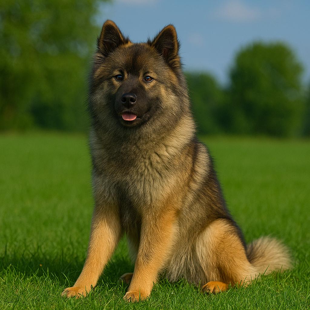 Dark-coated dog sitting on grass, calmly looking forward.