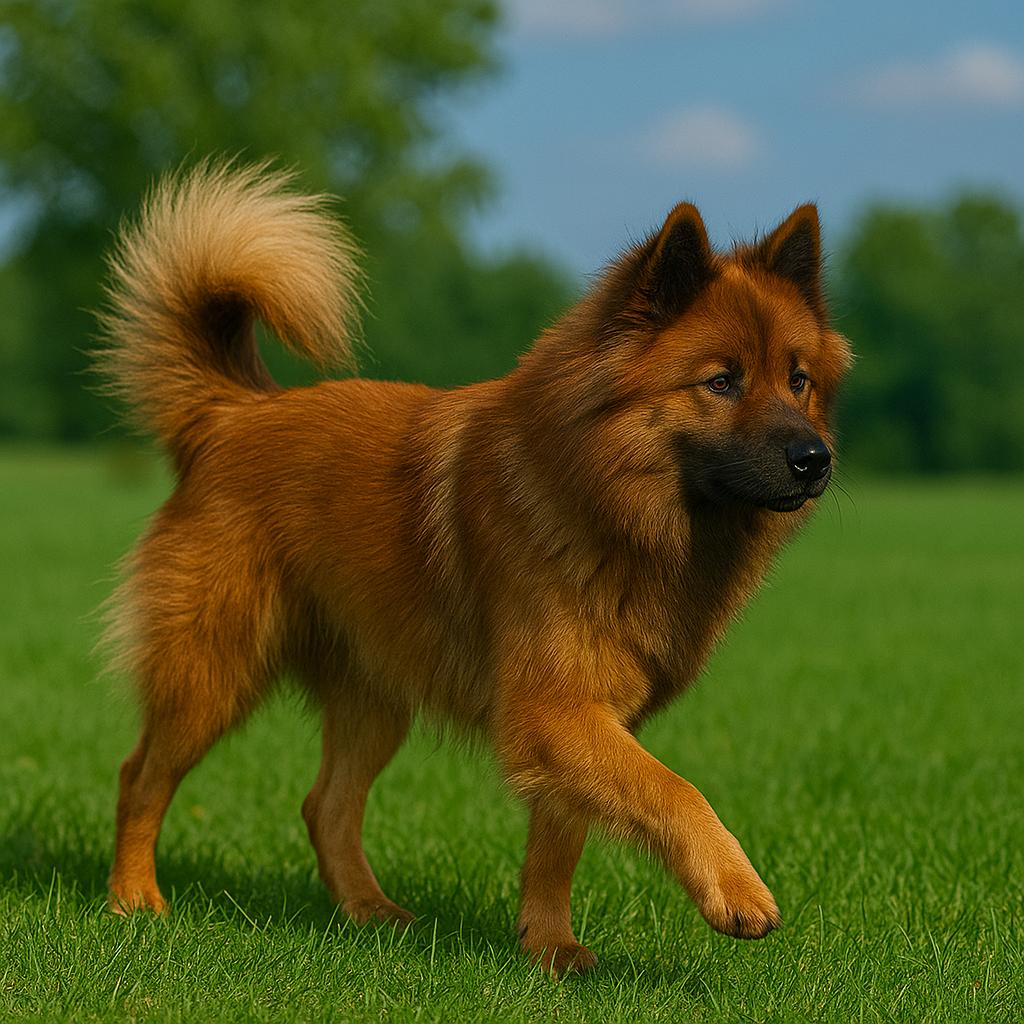 Fluffy dog walking on grass with raised paw and focused look.