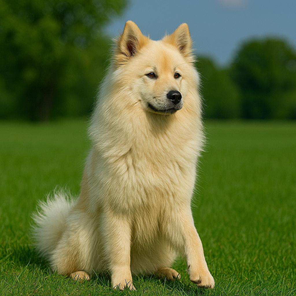 Cream-colored dog sitting upright in a sunny field.