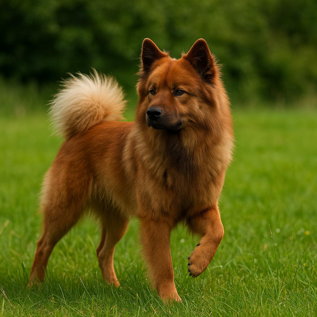 Fluffy dog pausing mid-step on grass, looking to the side.