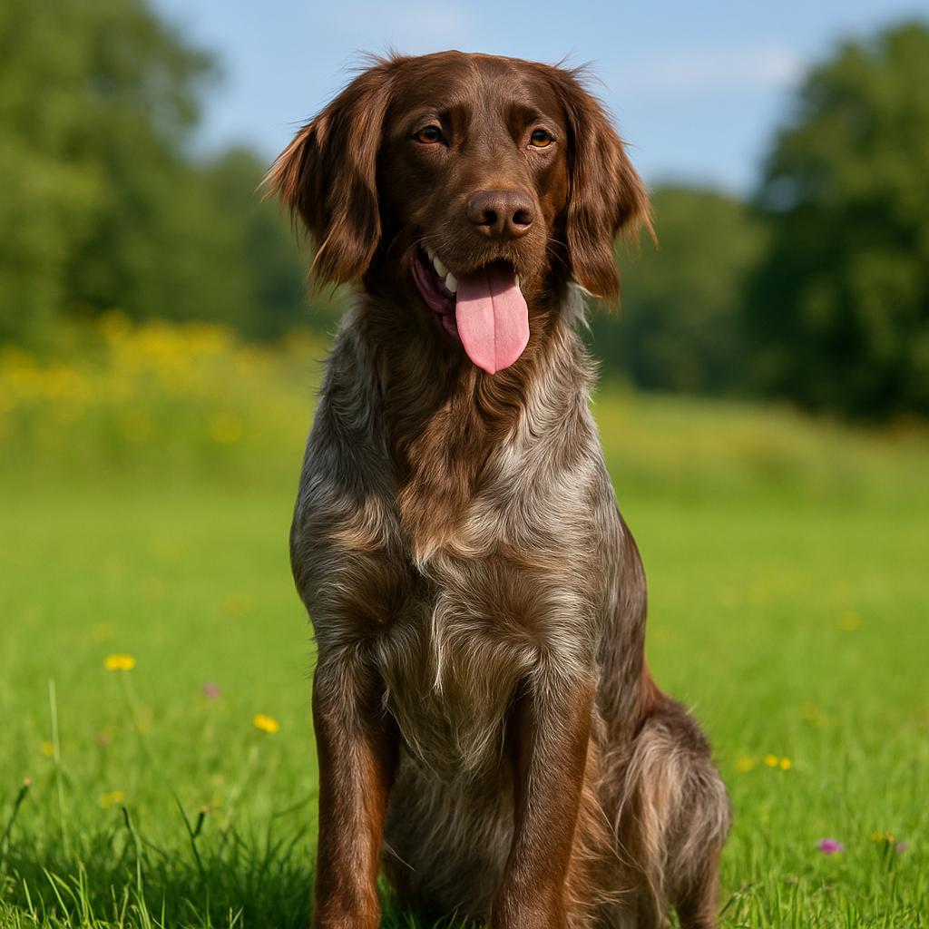 Dog sitting calmly in the grass with tongue out, facing forward.