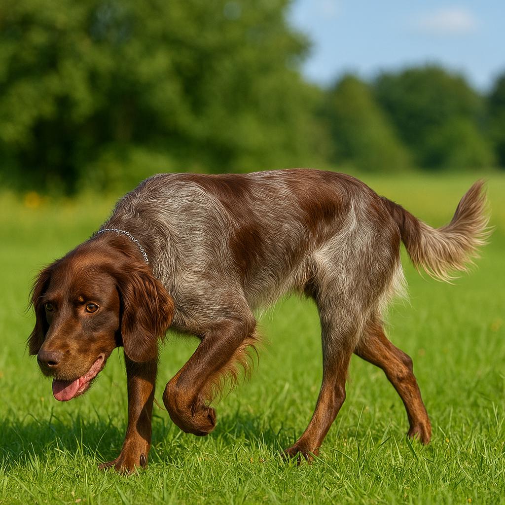 Dog moving low through grass, focused and mid-step.