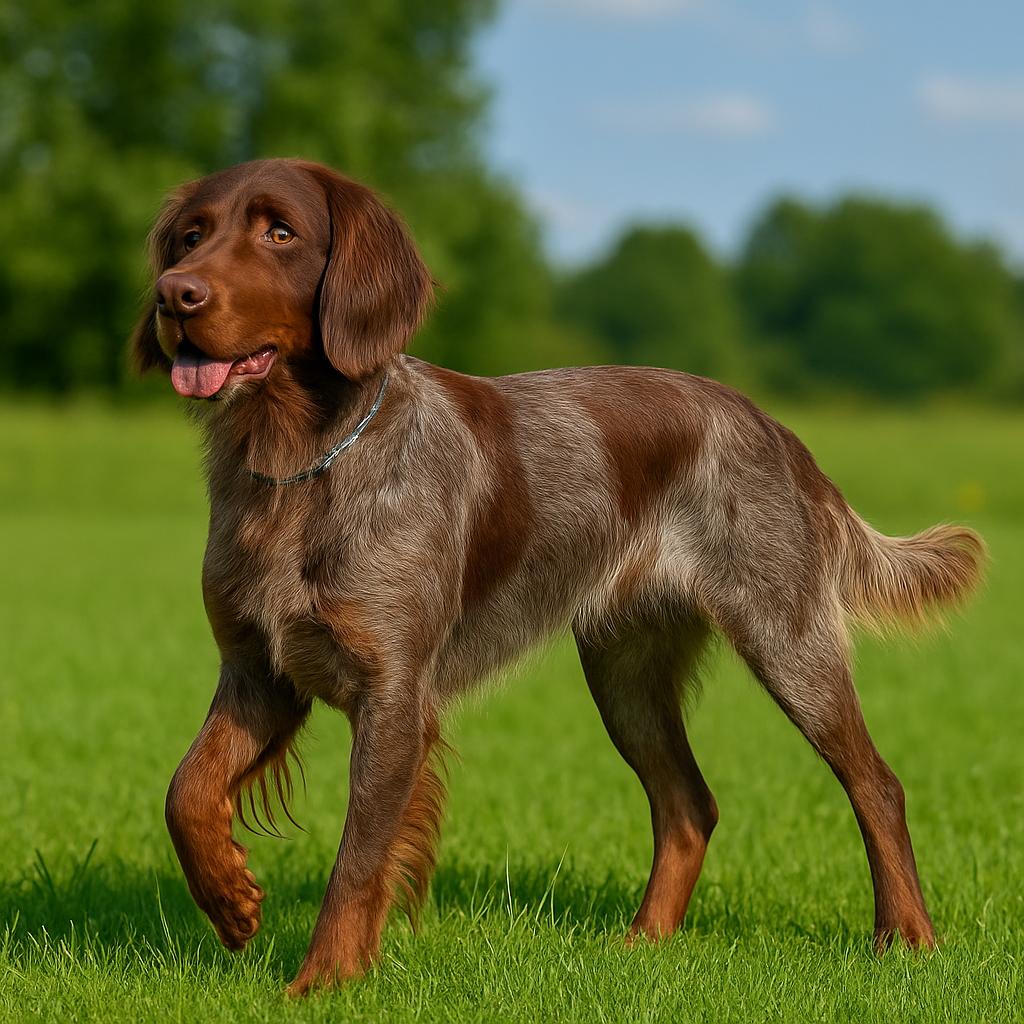 Dog standing alert with one paw raised, gazing off to the side.