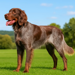 Dog looking off to the side while standing alert on green grass.