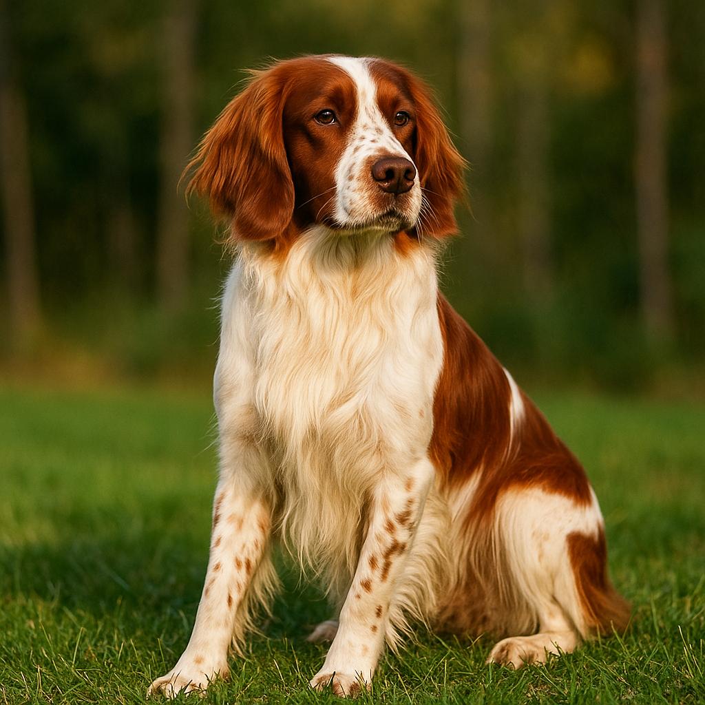 A russet-patched spaniel sits poised on verdant grass, its wavy white-and-copper coat flowing; deep amber eyes glint softly as dark trunks fade into gentle luster behind.