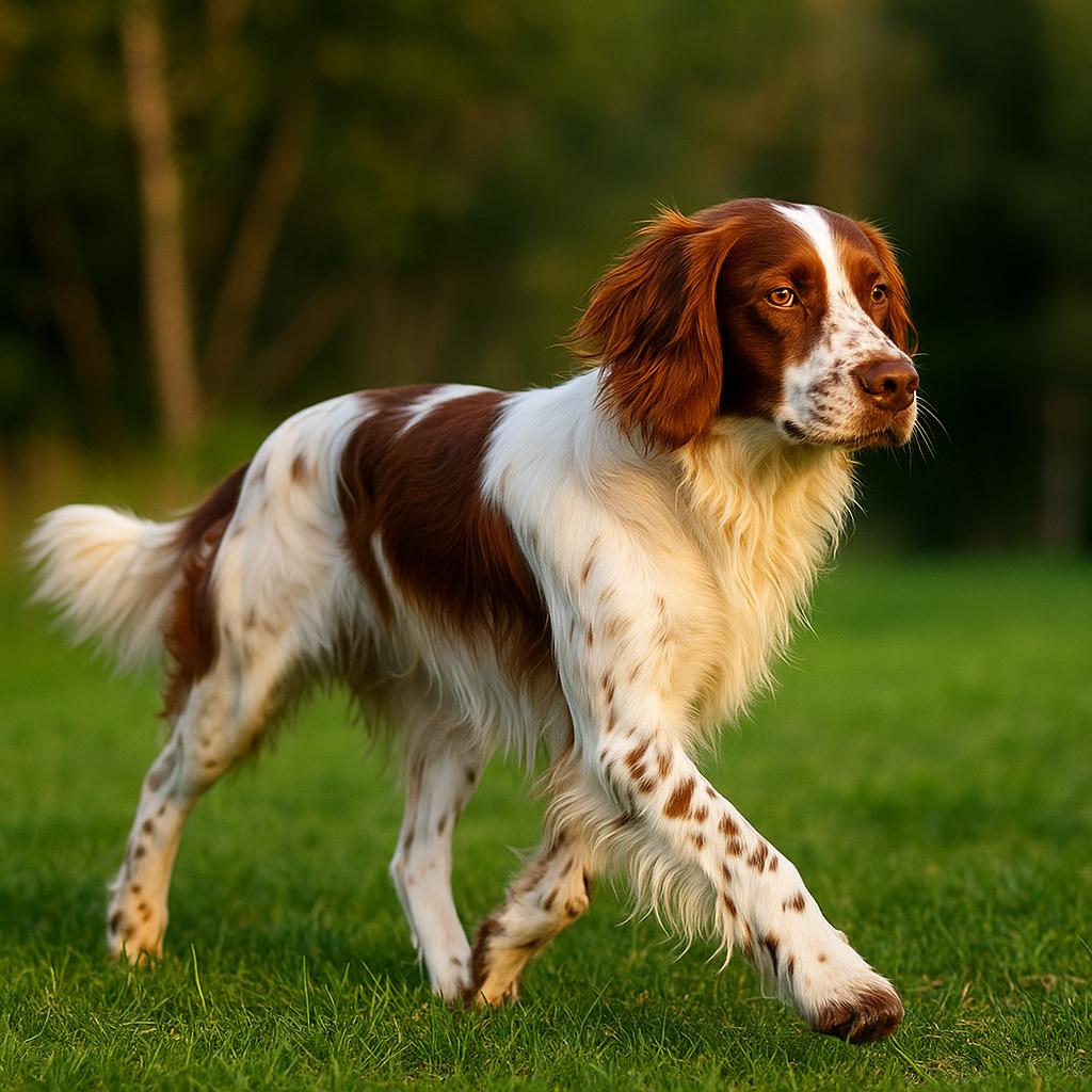 A russet-and-white spaniel advances with grace, its speckled coat flowing over lean flanks; keen amber eyes and drifting ears frame a poised stride, set against a soft-focus woodland glow.