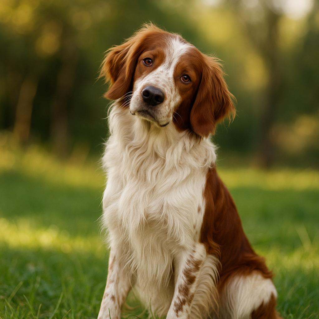 A russet-and-white spaniel with a gentle tilt of the head sits in dew-kissed grass, its wavy coat glowing softly under dappled sunlight; warm eyes reflect serene woodland hues behind.