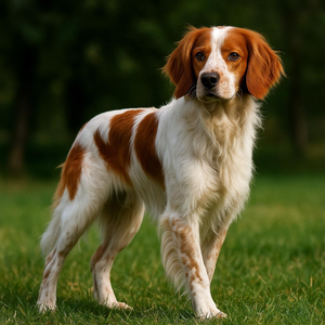 A regal spaniel stands poised in sunlit grass, its satin-flecked white and copper coat glowing; amber gaze holds still as blurred trees frame a tranquil meadow.