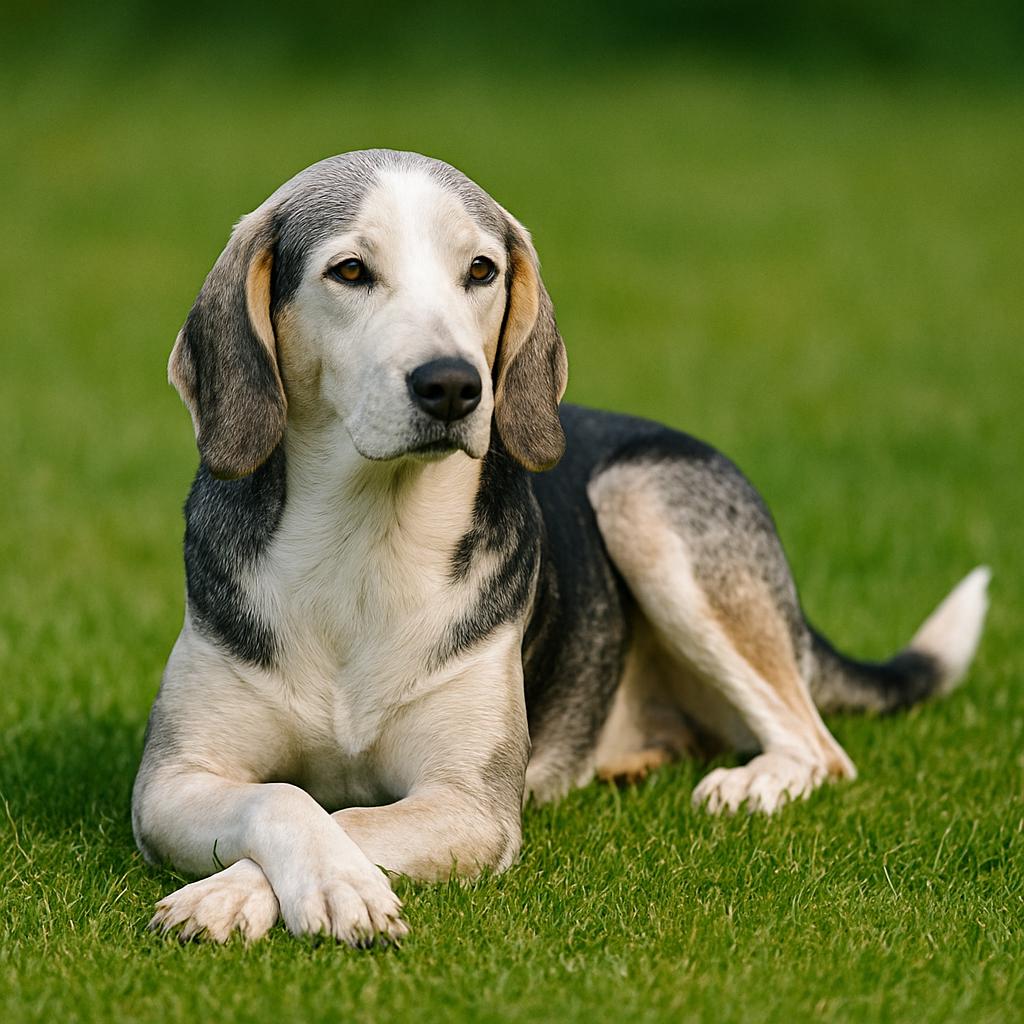 A soft-coated northern hound reclines with forepaws elegantly crossed, its silvery pelt aglow in warm daylight; gentle gaze adrift, while grass below and backdrop dissolve into verdant stillness.