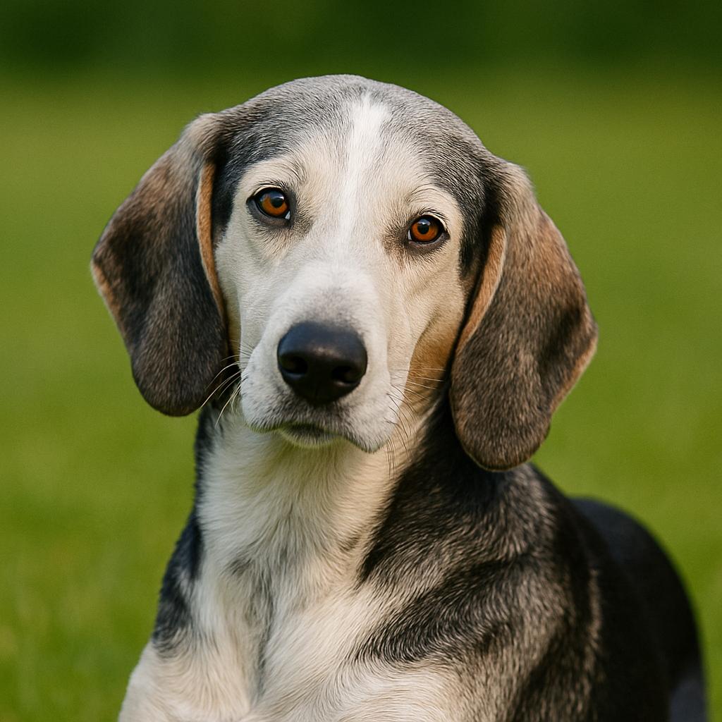 A smooth-coated tracker gazes ahead with head gently cocked, sienna eyes aglow in softened light; ears hang close beside a mottled brow, as distant greenery melts into hush behind.
