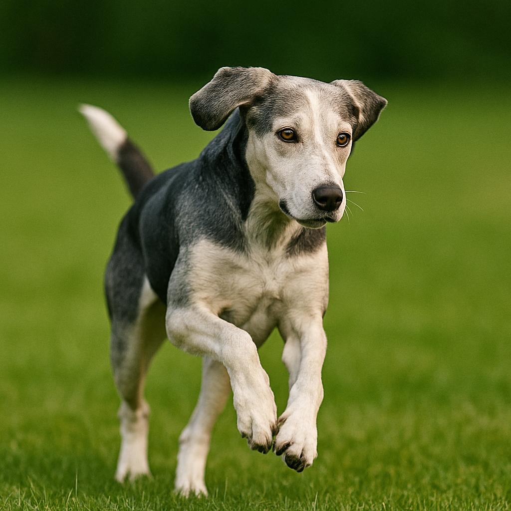 A lean-coated scenthound charges forward, limbs mid-motion and eyes fixed with silent intent; dusk-toned fur glints as blurred grassland trails beneath, echoing the hush of pursuit.